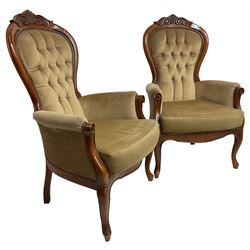 Pair of Victorian design stained beech armchairs, scroll and scallop carved cresting rail, upholstered in buttoned champagne fabric, on cabriole supports