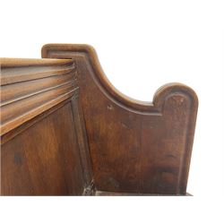 19th century oak pew, moulded cresting rail over triple panelled back, shaped end supports