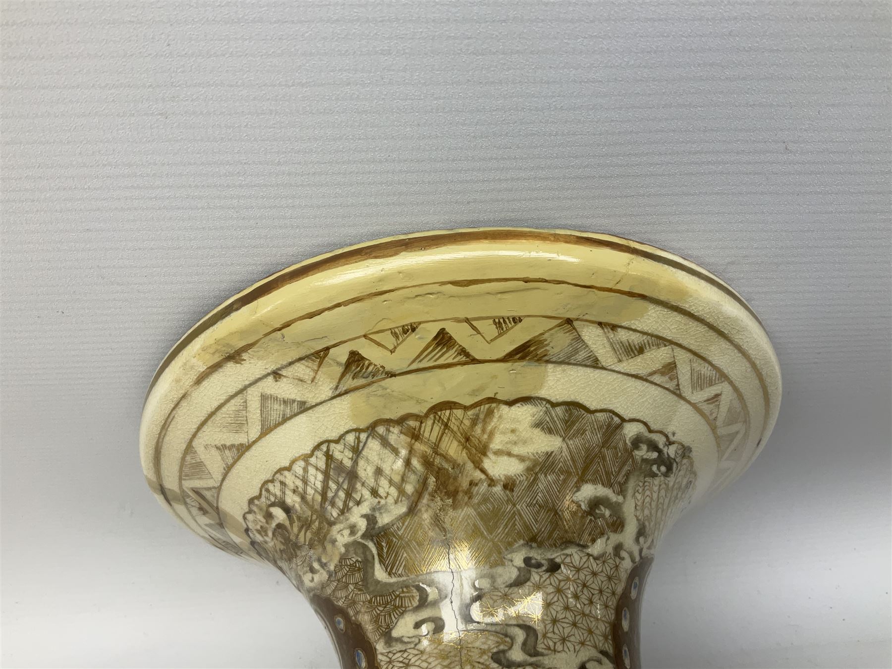 Pair early 20th Century Japanese floor vases of ovoid form, painted with warriors and elders within geometric designs and gilding, H61cm