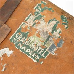 Two late 19th/early 20th century leather travelling 'Ideal' trunks, each stamped and engraved to brass locks F. Best & Co, various travel labels to include the Grand Hotel Naples, Grand Hotel Bellevue, Excelsior Palace Palermo, Waterloo etc, larger suitcase W93cm H32cm D58cm