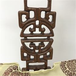 Chinese rosewood corner chair, carved and pierced splats, shaped seat, square supports joined by stretchers, W70cm