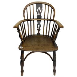 19th century elm and ash Windsor armchair, low double hoop and stick back with shaped and pierced splat, on turned supports united by crinoline stretcher