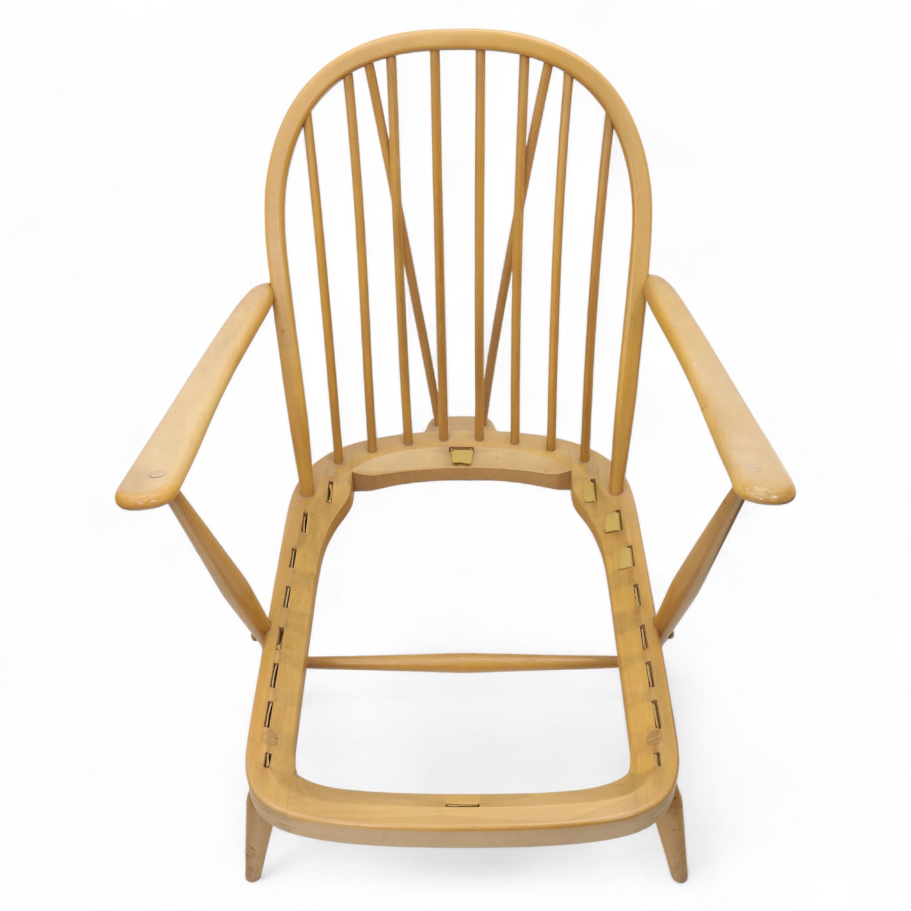 Ercol - Model '203', pair of easy chairs, with blue upholstered cushions and additional orange covers, with looped backrest and shaped spindles, outward swept arms, drop in seat frame