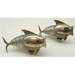  Pair silver-plated articulated Fish salt & pepper casters with cabochon eyes, L9.5cm   