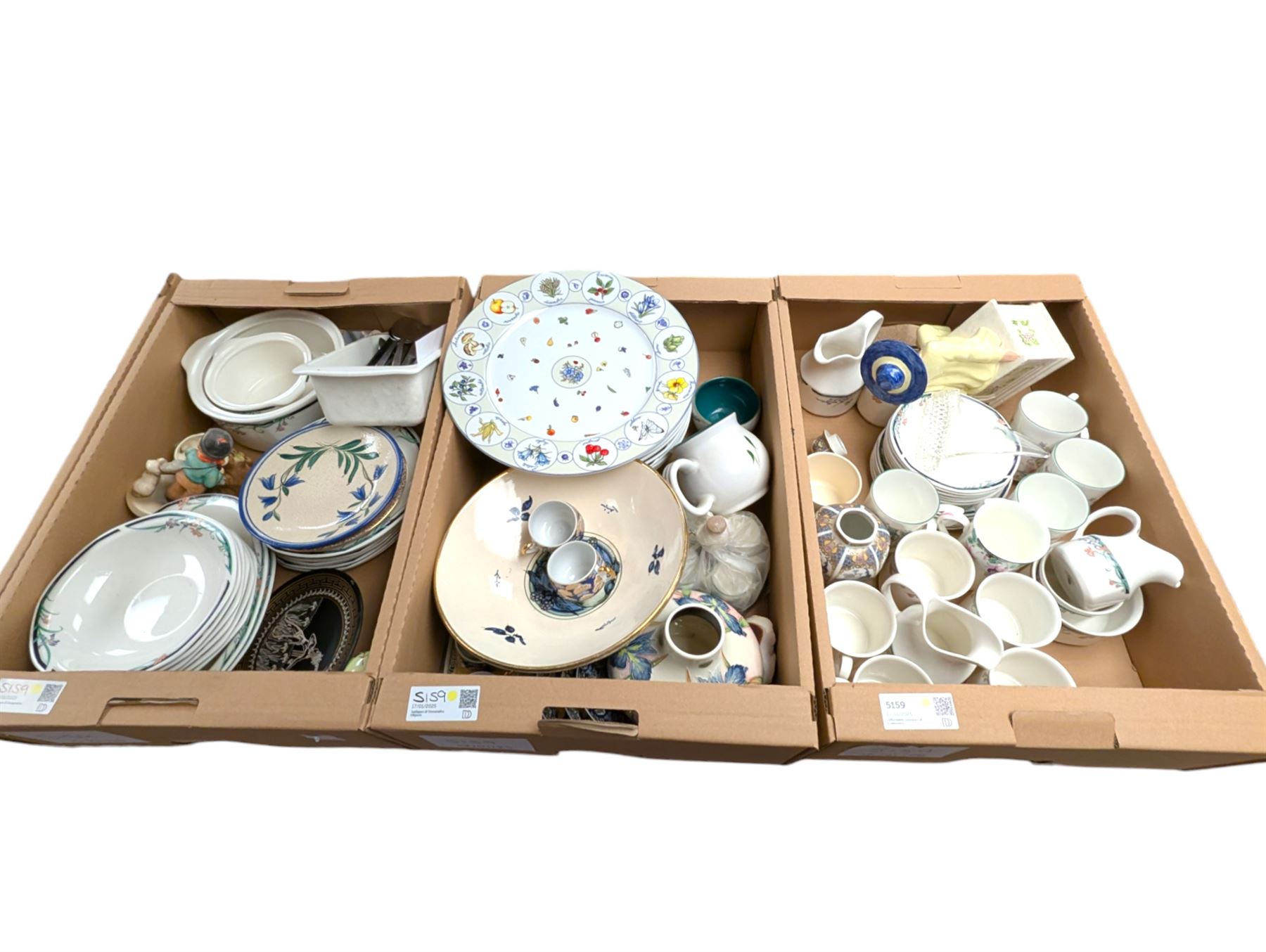 Old Tupton Ware vase, Royal Doulton Juno pattern dinner wares and other ceramics, in three boxes, etc