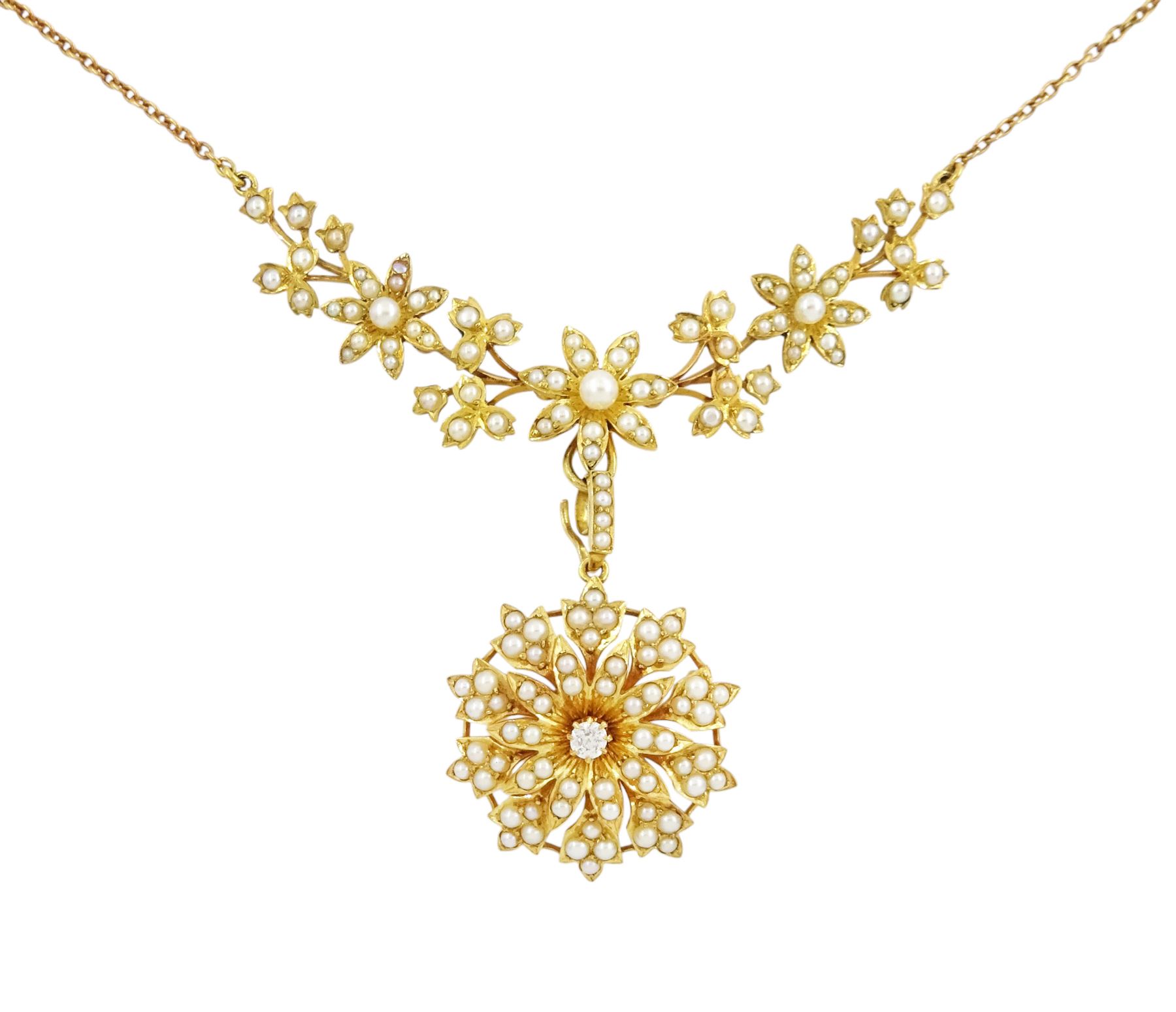 Edwardian 15ct gold split pearl flower head and foliate necklace, with detachable 18ct gold old cut diamond and split pearl flower head pendant, in fitted velvet and silk lined box