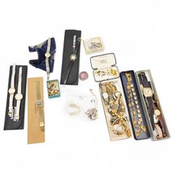 Swedish silver enamel daisy bracelet, 9ct gold jewellery including paste stone set pendant, cameo brooch and two shirt buttons, silver-gilt pendant necklace, collection of costume jewellery and wristwatches including Seiko and Raymond Weil