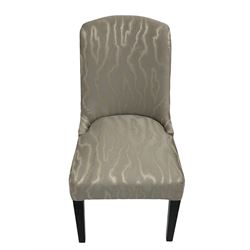 India Jane Interiors - two French design oak side chairs, moulded frame with cameo back, on turned and fluted supports; single side chair with curved back upholstered in shimmer silver fabric, on ebonised supports (3) - ex-display/bankruptcy stock 