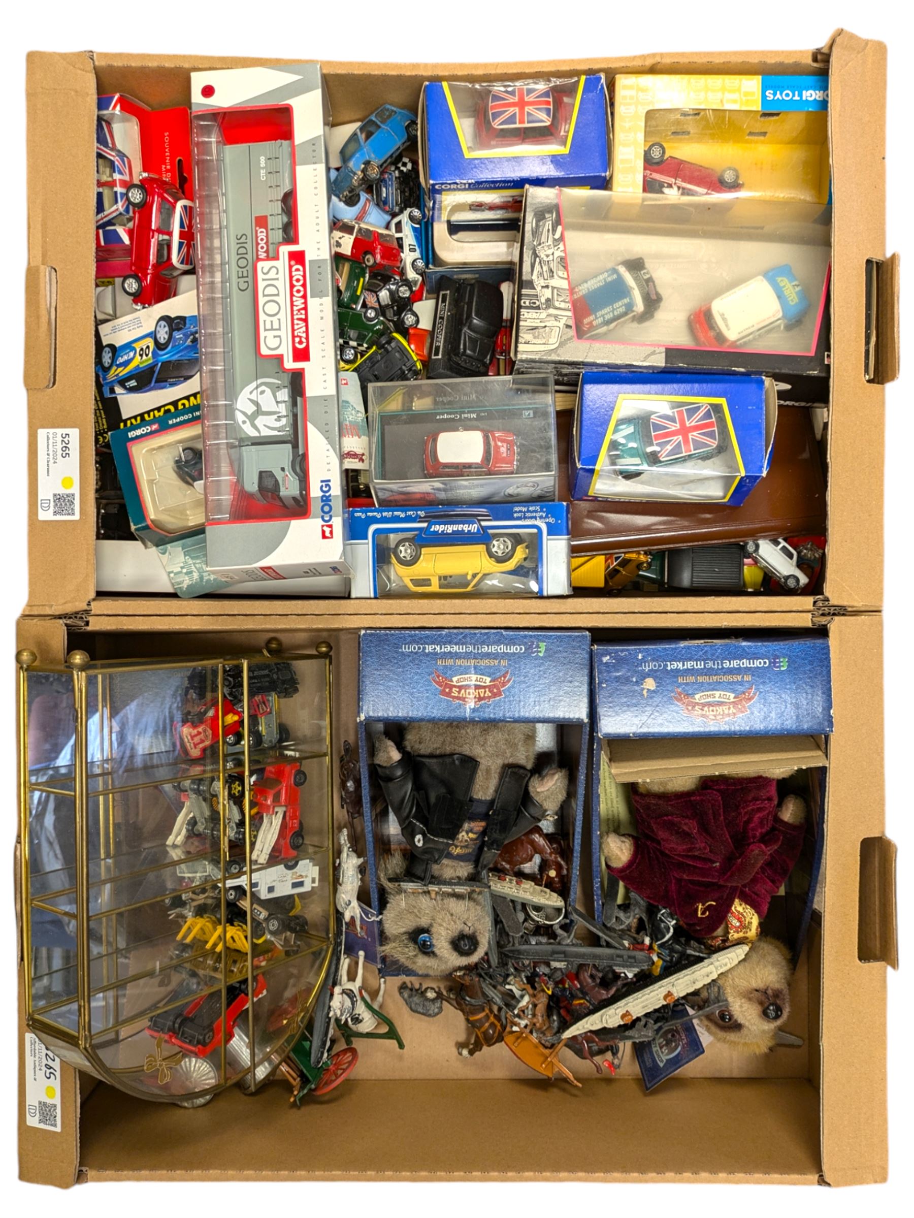 Dicast vehicles including Corgi, Lledo etc, meerkat toys, various boats, horses and other figures, in to boxes