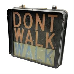 New York City 'Walk / Don't Walk' back lit pedestrian crosswalk sign, with yellow back casing, H44cm W43cm, D30cm