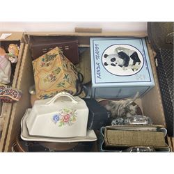 Selection of collectables, to include glass handbags, brass chargers, ceramics etc, in three boxes 