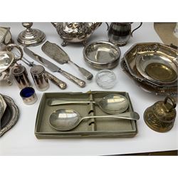 Metalware including silver plated teapot, wine coaster, ashtrays, dishes etc, in two boxes
