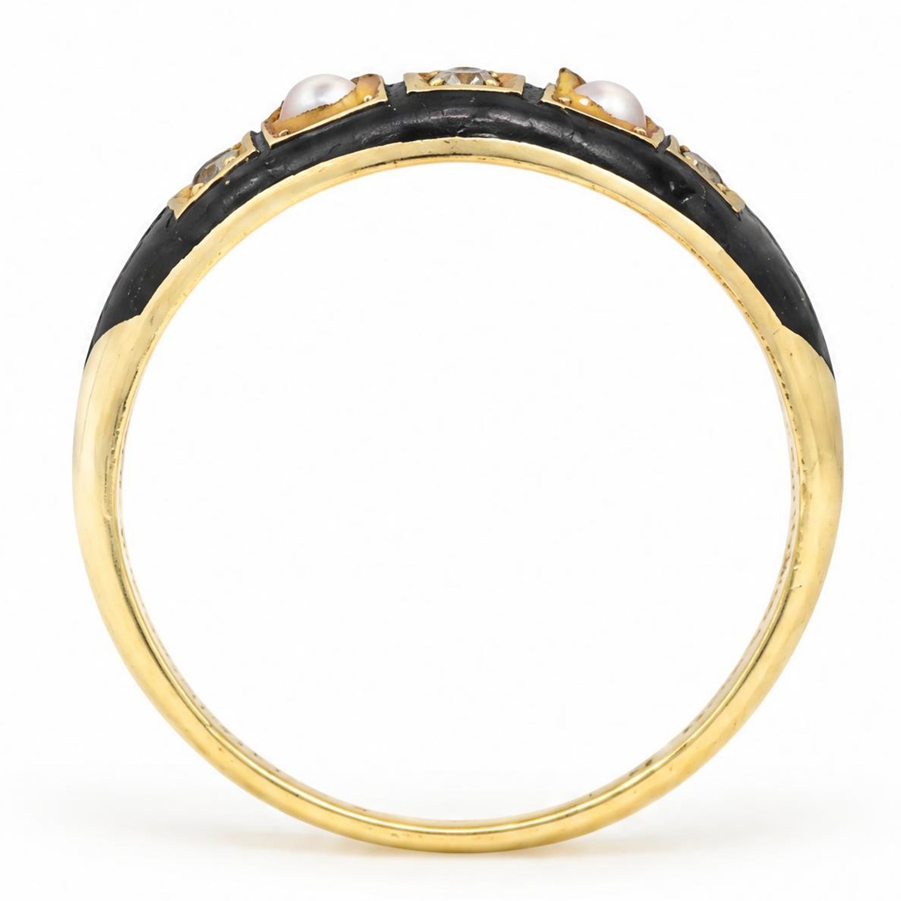 Victorian 18ct gold diamond, pearl and enamel mourning ring, square set with three old cut diamonds and two split pearls, with black enamel surround, Chester 1900