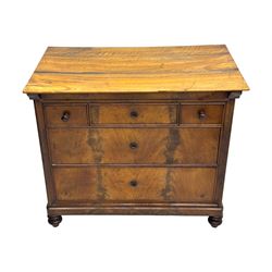 19th century French figured mahogany and walnut chest, rectangular top over three short and two long drawers, on turned feet