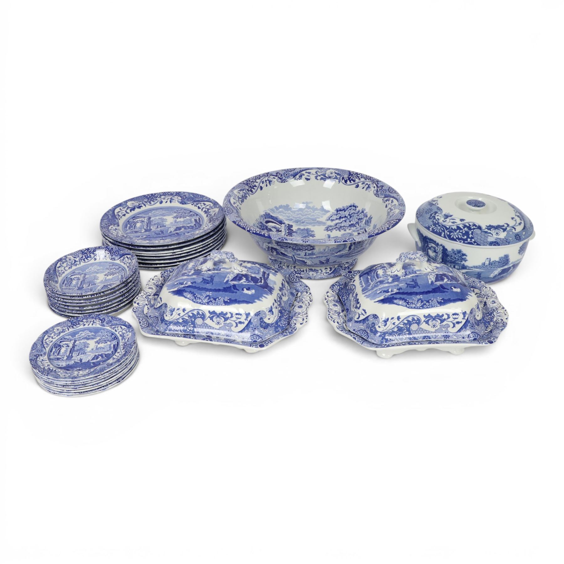 Spode Italian pattern dinner service for eight place settings, including dinner plates, side plates, soup bowls, bowls, two covered tureens, two graduating serving platters, serving bowl etc 