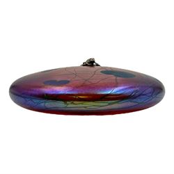 John Ditchfield for Glasform disc paperweight in iridescent cranberry with green lily pads and silver hallmarked frog to top, D14cm