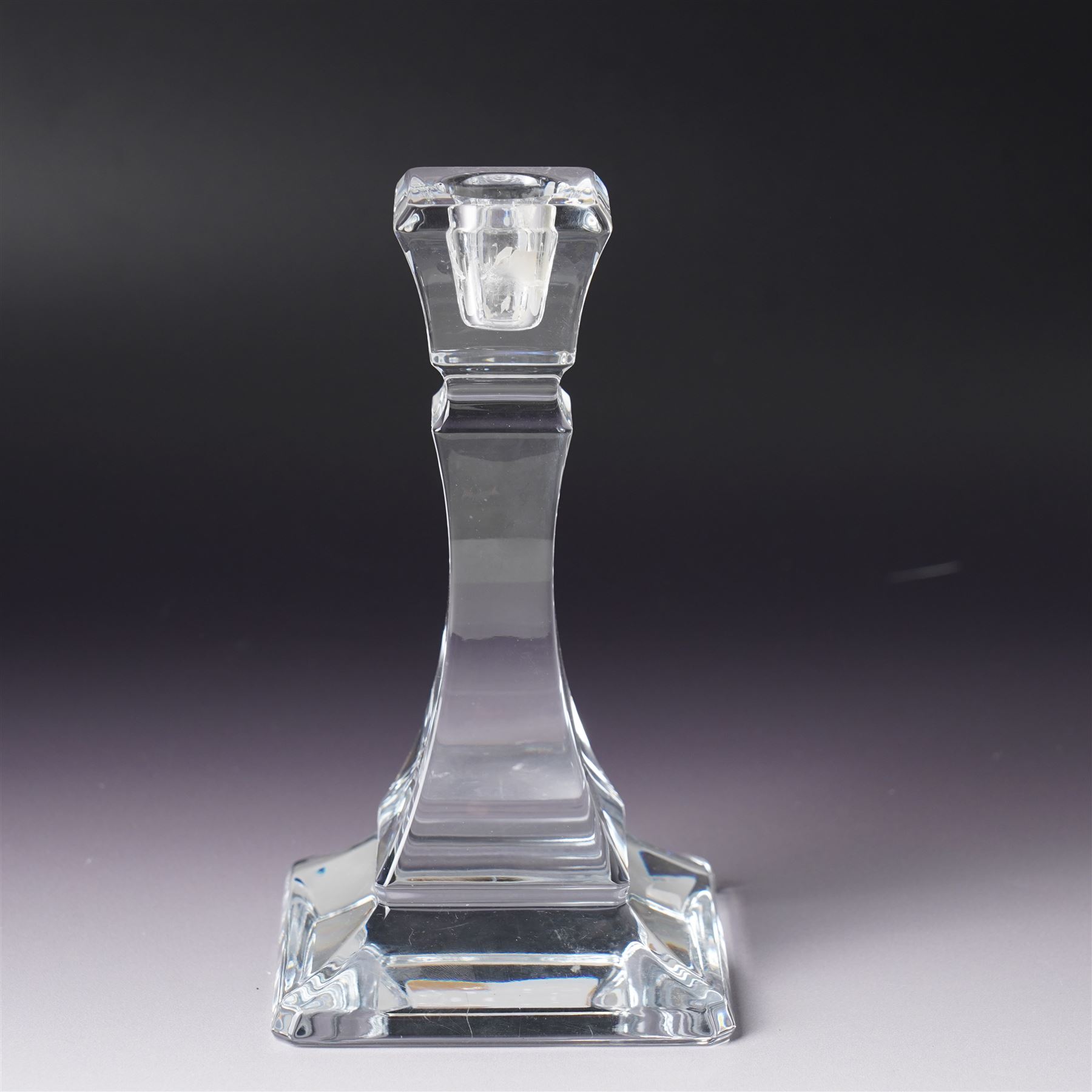 WMF glass decanter, designed by Jette Joop, on steel stand, boxed, H23cm; Tiffany & Co glass candlestick, marked to base, H18cm (2)