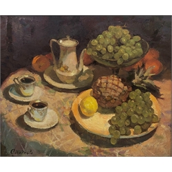 Valentin Smirnov (Russian 1927-2009): Still Life with Pineapple and Grapes, oil on canvas signed 49cm x 58cm