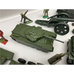 Various makers - unboxed and playworn die-cast models including Dinky Thornycroft Mighty Antar Tank Transporter No.660 and Centurion Tank No.651, other military and farm vehicles; and quantity of loose plastic soldiers and other figures by Crescent, Britains etc