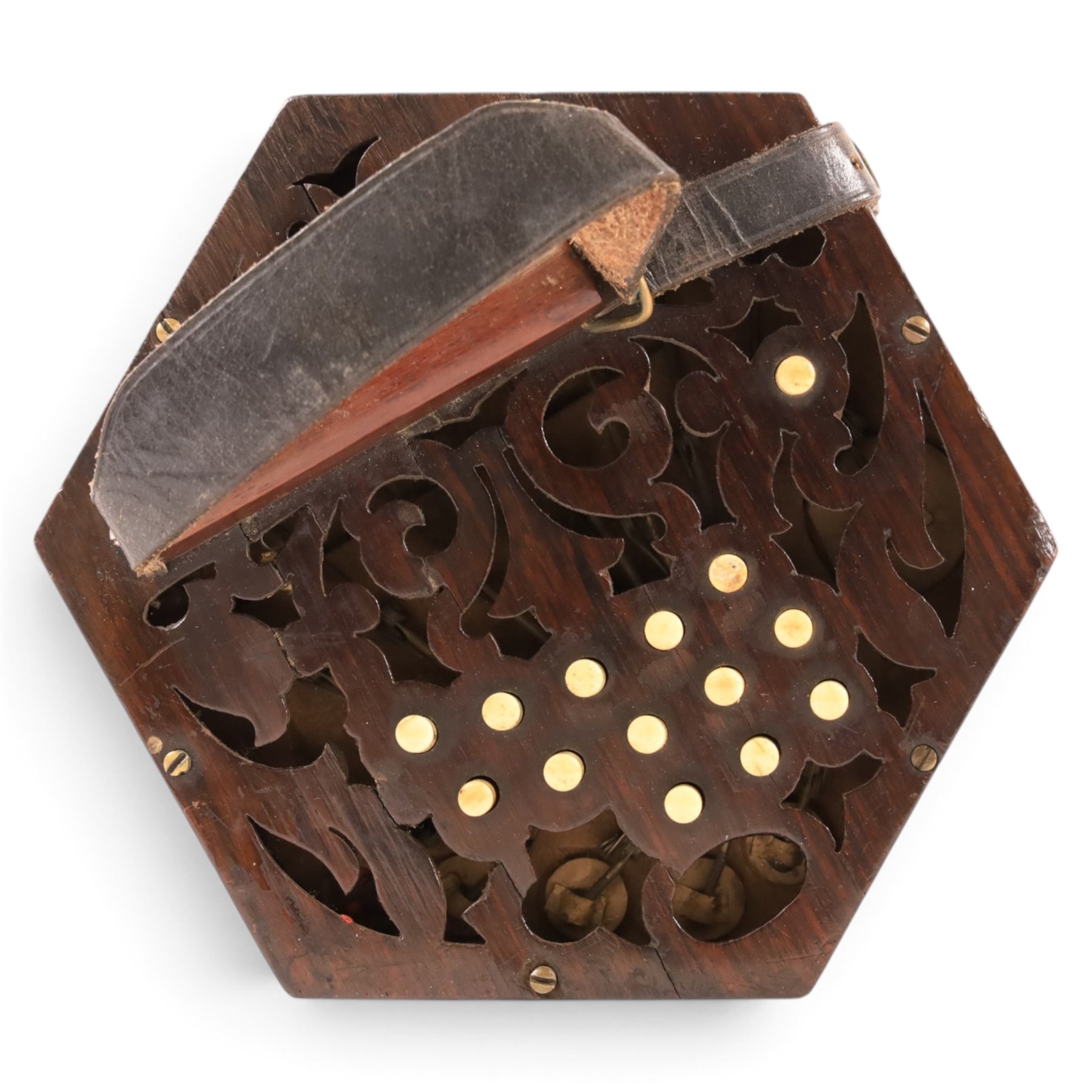 Late 19th century Anglo three-row concertina by C. Jefferies, twenty-six bone buttons, circa 1880, stamped 'C Jefferies Maker', in modern custom made carry case