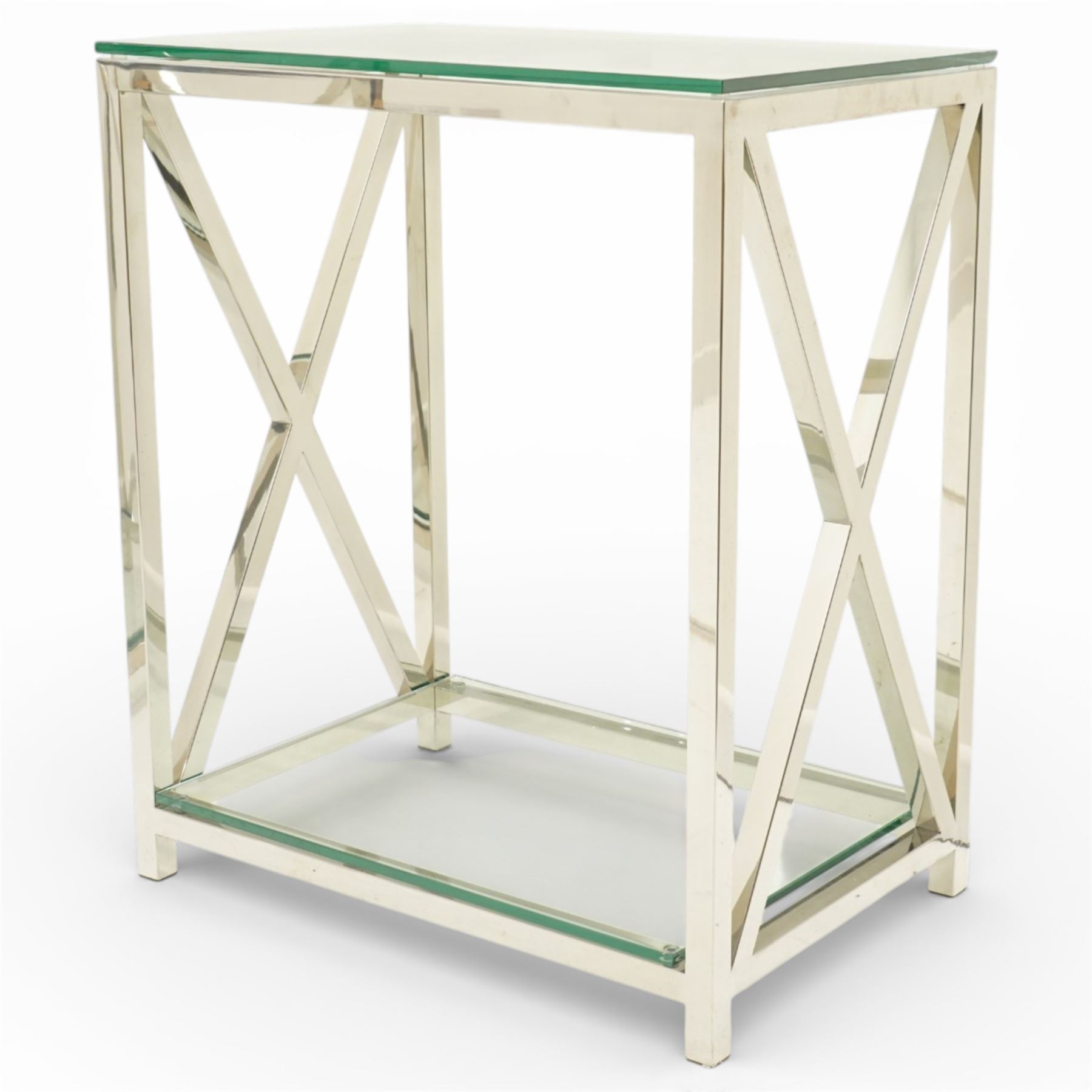 Pair of modern chrome lamp tables, rectangular plate glass top on polished chrome frame, the sides formed with X-frame stretchers, raised on square supports with lower glass tier 