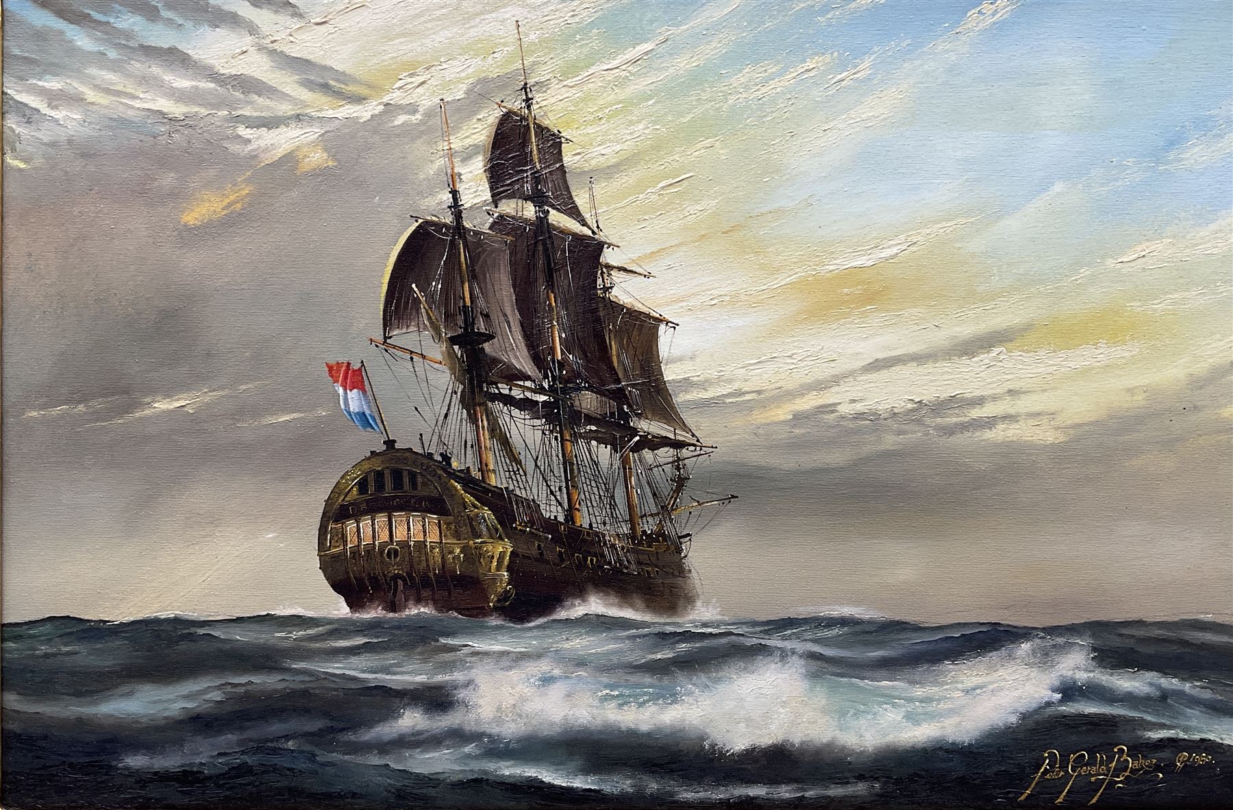 Peter Gerald Baker (British 20th century): 'D'Batavaise Eeuw - Dutch East India Man 1719 in Strong Winds and Good Atlantic Swill Makes Her Way to Trade in the East Indies', oil on canvas signed and dated 1980, 50cm x 75cm