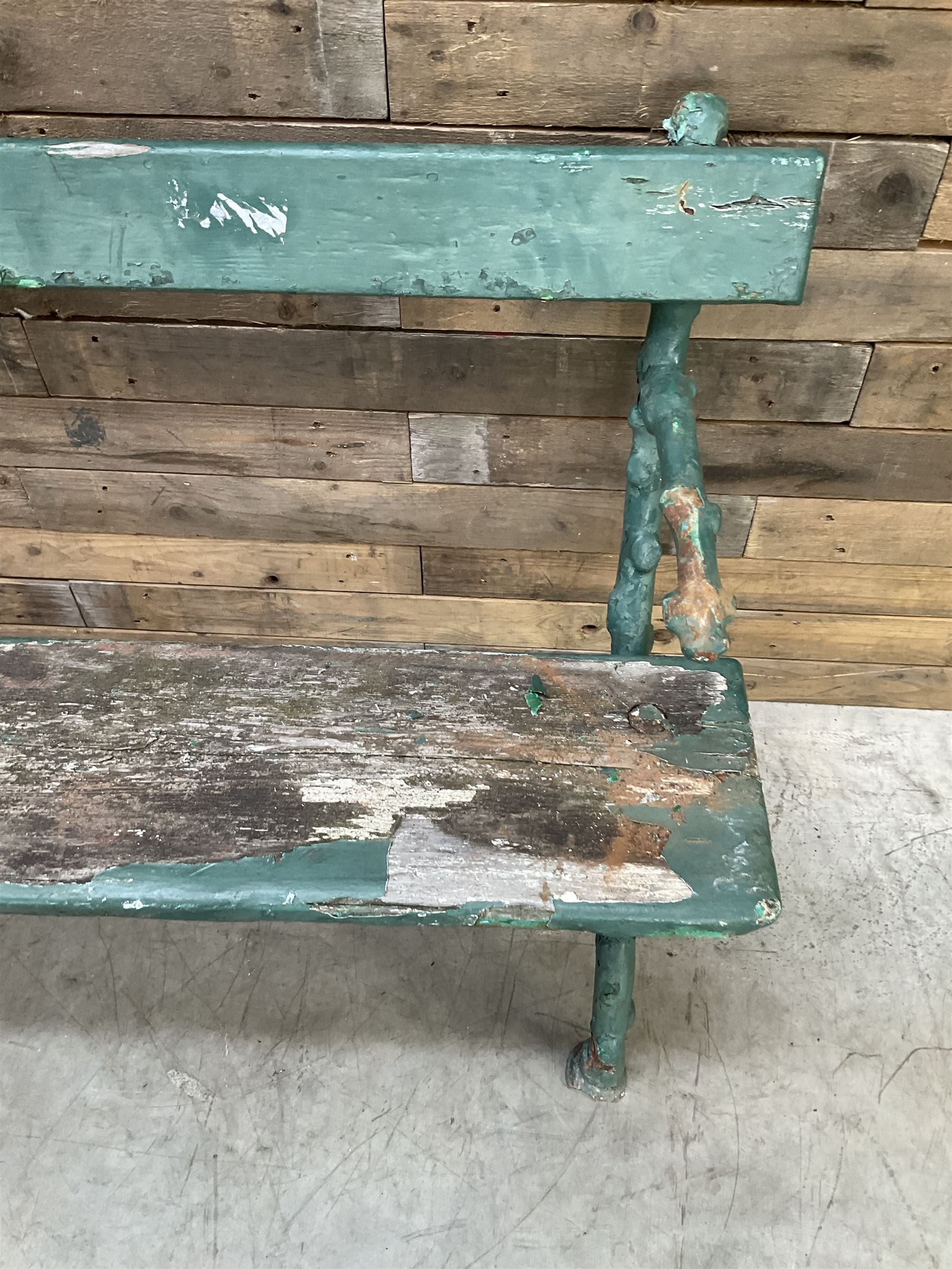 Early 20th century cast iron framed faux bois garden bench, timber seat and back rest