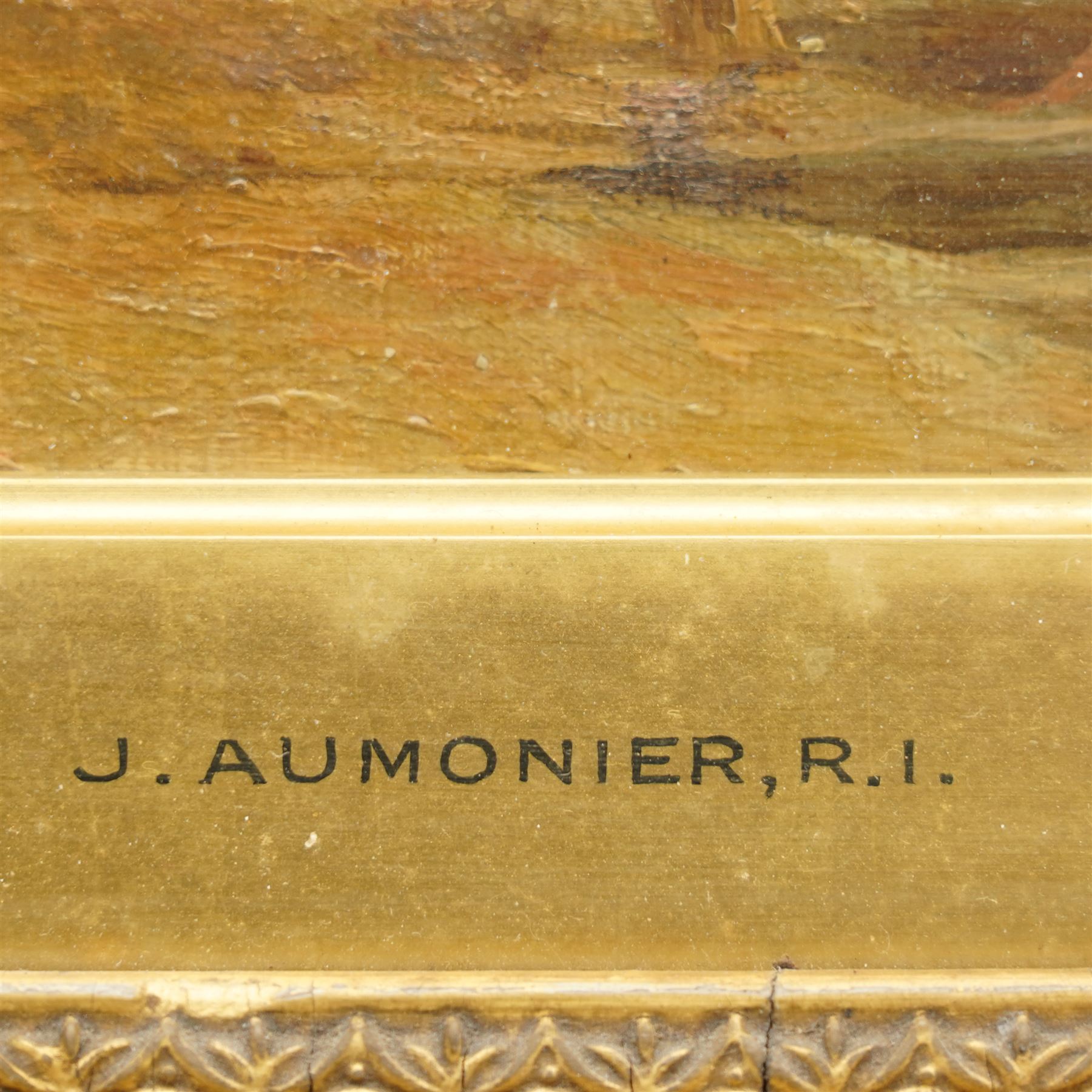 James Aumonier (British 1832-1911): Boats Moored on the Norfolk Broads, oil on canvas signed and dated 1877, i n antique gilt and gesso swept frame 20cm x 29cm