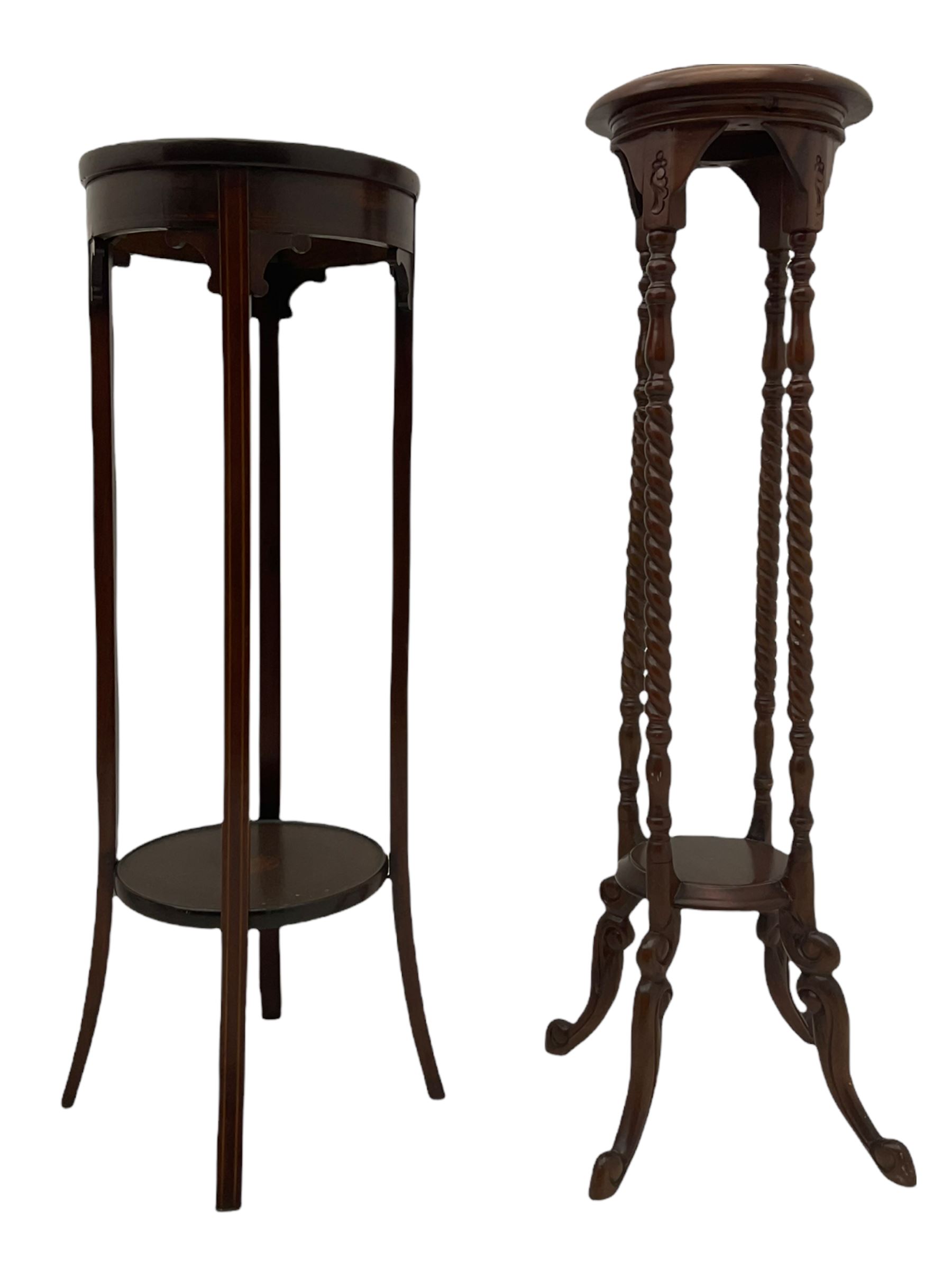Edwardian mahogany plant stand, mahogany plant stand, two smokers stands, mahogany centre table, side table with drawer, hardwood folding chair, Edwardian mirror glazed corner cabinet and an occasional table (9)