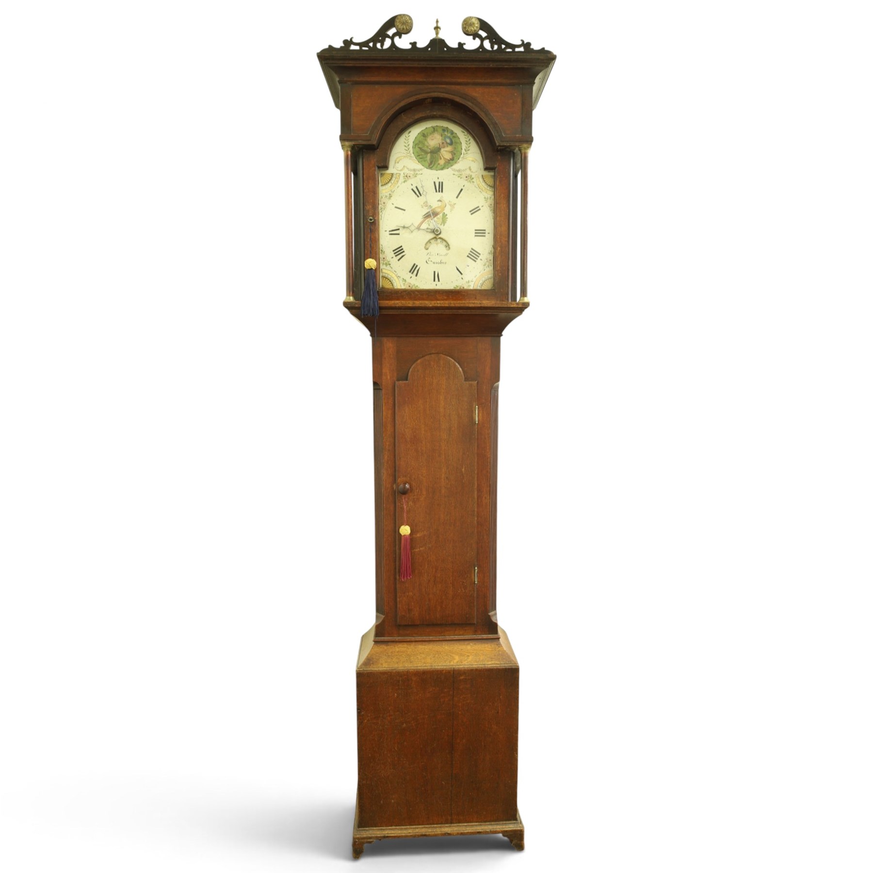 Thomas Small of Guisborough - George III oak eight-day longcase clock, the painted arched dial with calendar aperture, bird and floral decoration, the case with pierced fretwork broken swan-neck pediment and pilasters, reeded canted sides flanking arched trunk door
