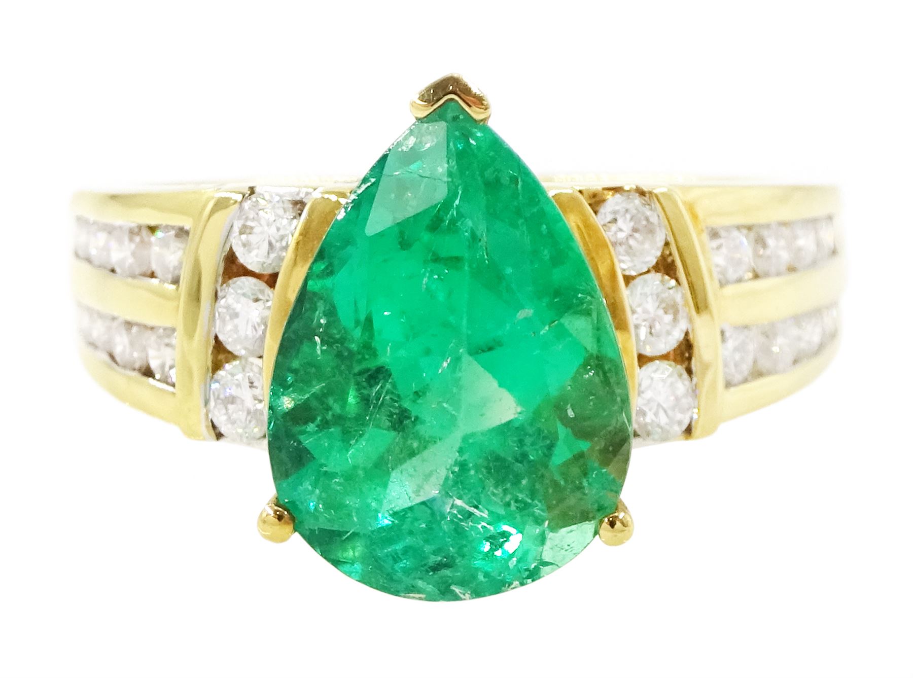 18ct gold Colombian emerald and diamond ring by Iliana, single pear cut emerald of approx 3.25 carat, with three round brilliant cut diamonds set either side and diamond set shoulders, hallmarked, total diamond weight 0.53 carat