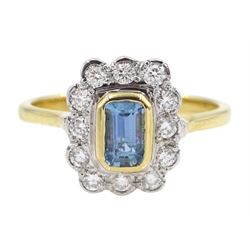 18ct gold emerald cut aquamarine and round brilliant cut diamond cluster ring, hallmarked, aquamarine approx 0..60 carat, total diamond weight approx 0.30 carat