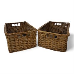 Contemporary pair of rectangular wicker baskets, natural woven construction with slotted h...