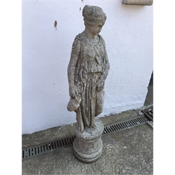 Composite stone figure of classical style woman carrying jug on plinth, H99cm