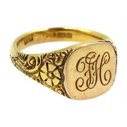 9ct gold signet ring, engraved initial and the shank with engraved decoration, hallmarked, approx 10gm