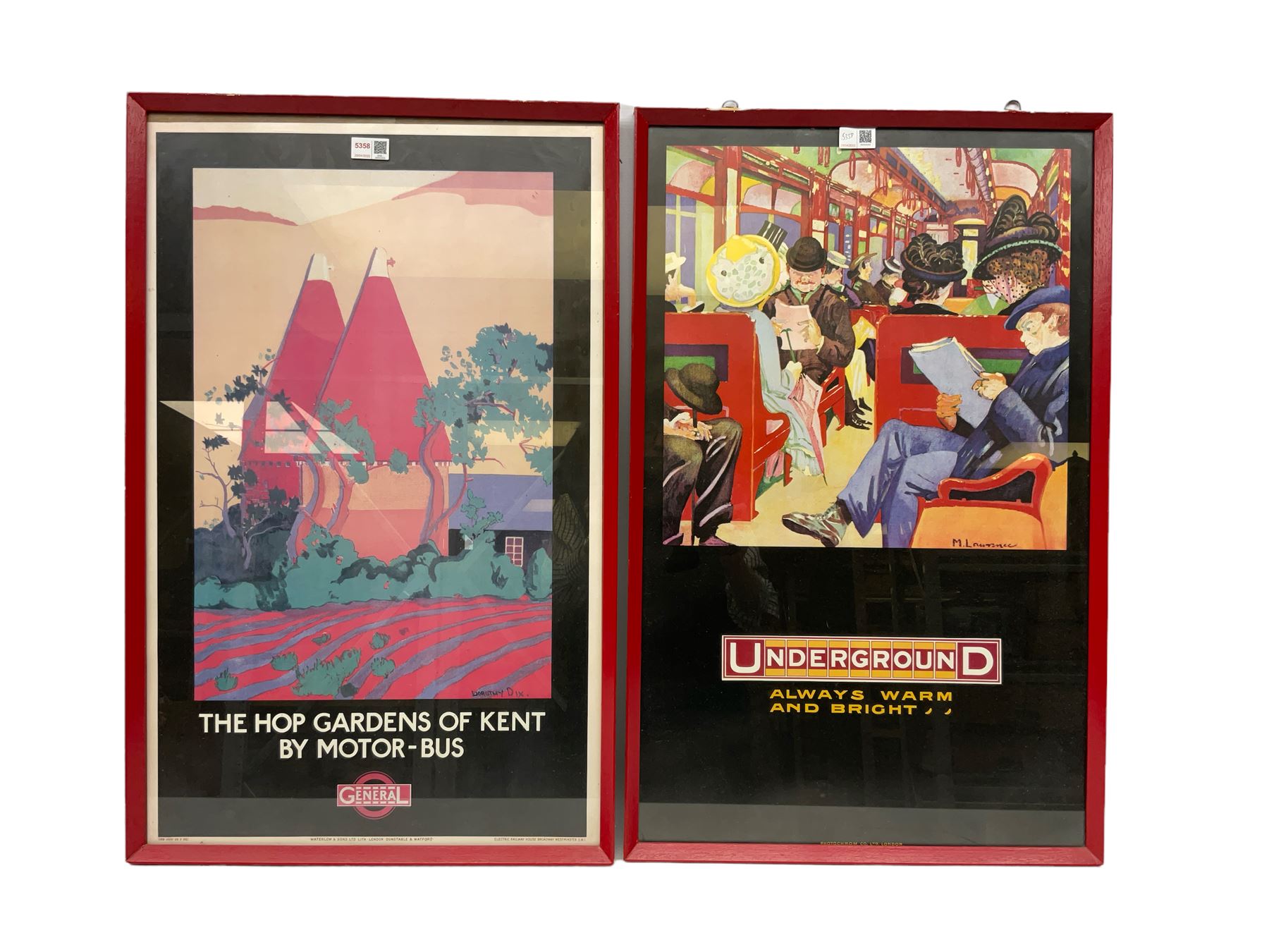 Two framed London Transport Posters; Always Warm and Bright after Mervyn Lawrence and The Hop Gardens of Kent by Motor-Bus after Dorothy Dix, later reproductions in painted red frames, 50cm x 78cm (2)