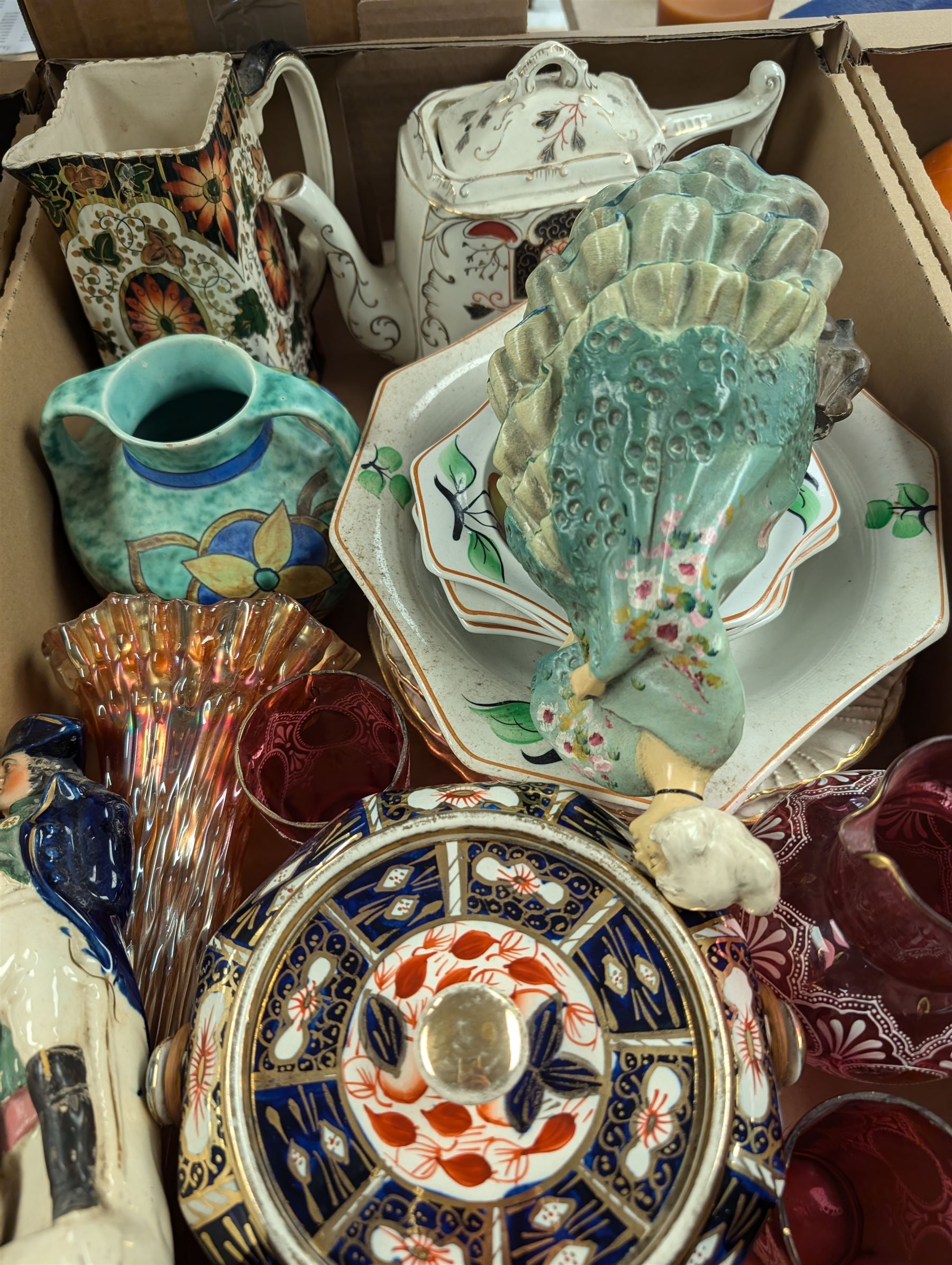 Shelley lustre bowl, Paragon Rockingham pattern tea wares and other glassware and ceramics, in two boxes 
