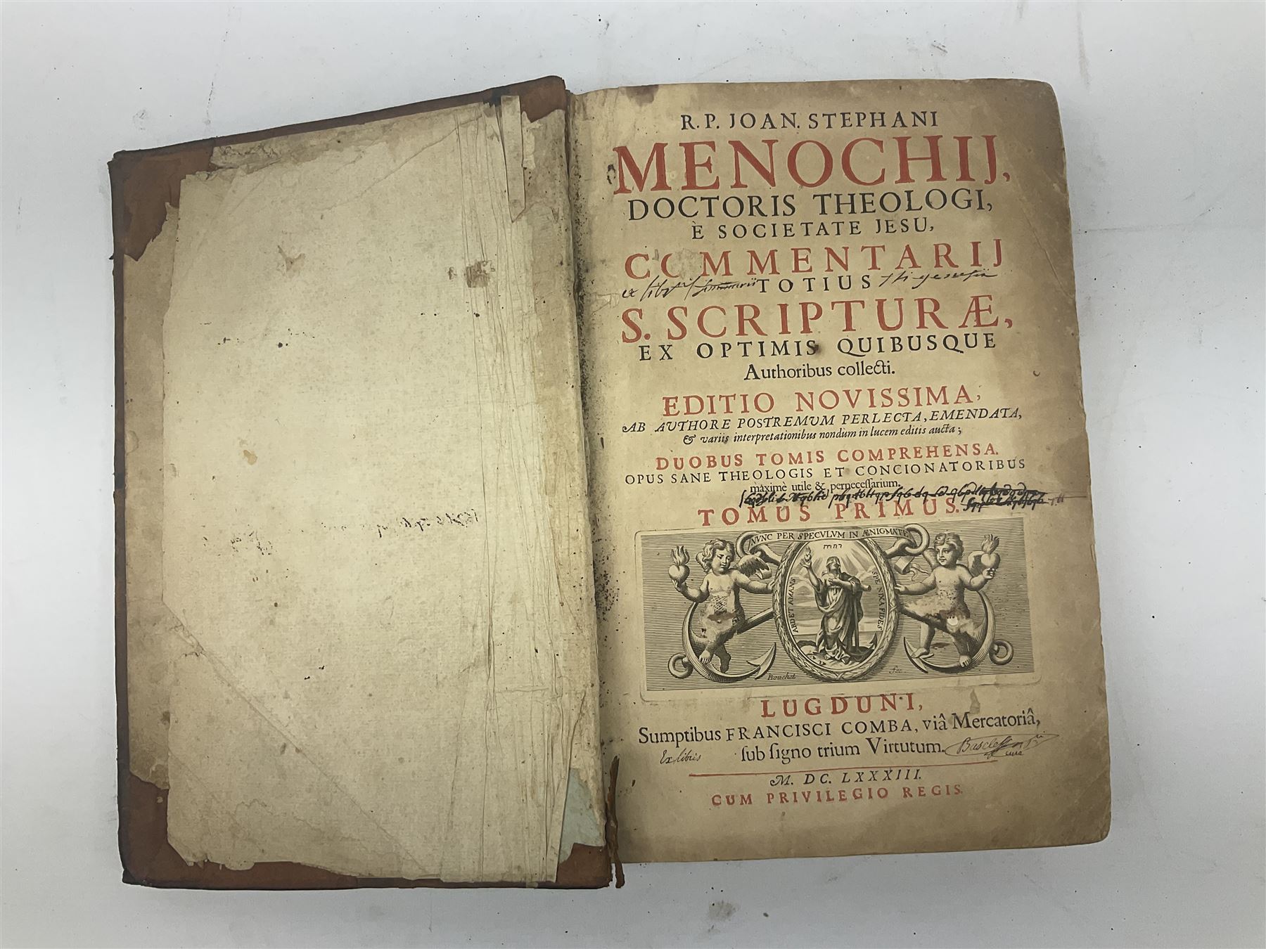 Sancti Gregorii Magni Papae Primi Opera , Sixti V Pont Max Iussu .... 1640 Paris. Two volumes in one with engraved galleon to each title page; R.P. Joan. Stephani Menochij Doctoris Theologi E Societate Jesu .... Editio Novissima .... Tomus Primus. 1683 Lugduni Francisci Comba; and two other similar leather bound folio volumes lacking title pages (4)