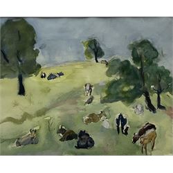 Delphine de Castellane (French 1962-): Cattle Grazing, watercolour signed with initials, numbered S26 and dated 2006 verso 22cm x 28cm
Notes: Delphine born in Uccle and grew up in Brussels and Provence. Her father, a descendant of the Toulouse-Lautrec family, painted, and Delphine often drew as a child, later going to art school in Brussels. She married and moved to Scotland in 1995, most of her work is painted directly en plein air or from her car