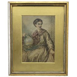 English School (19th century): Classical Maiden Holding Urn, watercolour unsigned 30cm x 21cm; English School (19th century): Lady in White and Fisherman, pair miniature oils on board indistinctly signed 13cm x 8cm (3)