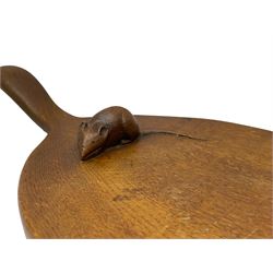 Mouseman - circa. 1940s/50s adzed oak cheese board, oval form with handle, the board carved with mouse signature, by Robert Thompson of Kilburn, L37cm D18cm 