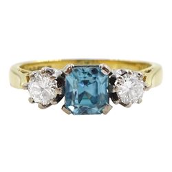 18ct gold three stone blue zircon and round brilliant cut diamond ring, hallmarked, total diamond weight approx 0.40 carat