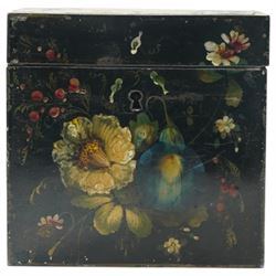 Late Regency period toleware tea caddy with painted floral decoration heightened with gilt, with two compartments, H12.5cm