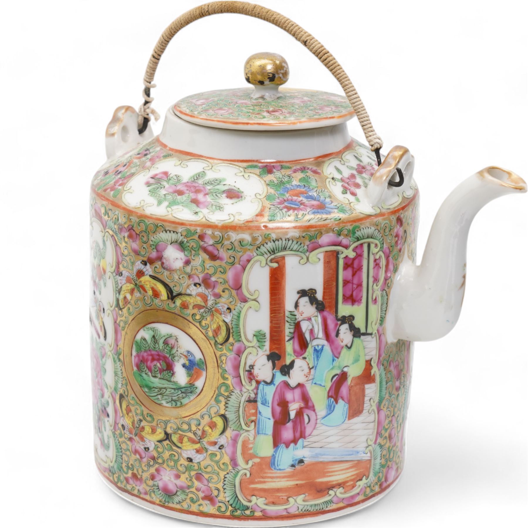 19th/ early 20th century Chinese Canton famille rose porcelain teapot with swing handle, pair of teacups and saucers, and later bowl (6)