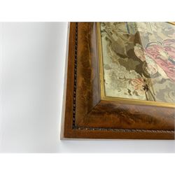 FRAMES - Victorian figured mahogany frame, with egg and dart edging and a gilt slip, containing a Berlin woolwork picture depicting Abraham and Isaac, H78cm W69.5cm