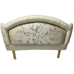 5' Kingsize headboard with stepped arch cresting, upholstered in cream silk with raised stitching decorated with trailing foliage branches and birds; matching bedspread (251cm x 218cm); two matching cushions  