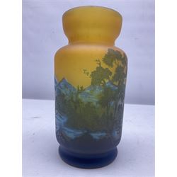 Art Nouveau style glass vase, in the style of Galle,the body decorated with woodland and mountain scene, upon a yellow ground, H20cm 