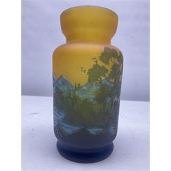 Art Nouveau style glass vase, in the style of Galle,the body decorated with woodland and mountain scene, upon a yellow ground, H20cm 
