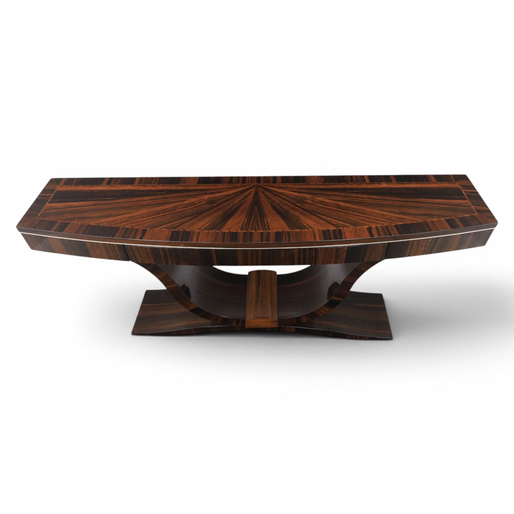 Giorgio Collection - Art Deco design macassar ebony 'Luna' console table, rectangular bow-front top with cross-banding and sun-burst veneer, fitted with single drawer, raised on a curved U-shaped base, retailed by Harrods