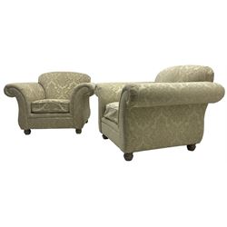 Traditional design three-piece lounge suite - three-seat sofa (W220cm, H90cm, D90cm); two armchairs (W115cm); and two footstools (77cm x 43cm, H31cm); upholstered in cream damask fabric